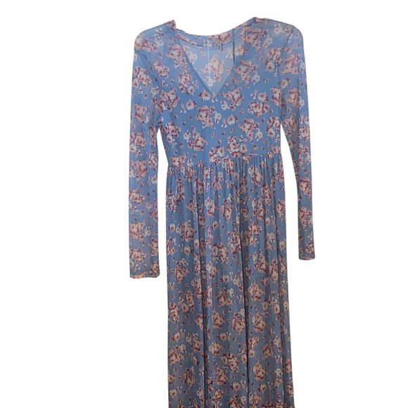 Lush Girly pop Floral Cherry Blossom Mesh Sheer Blue Long Sleeve Dress w/ shorts - Picture 3 of 7